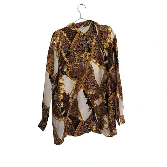 Diane Gilman Brown & Cream 100% Silk Long Sleeves Button Down Shirt Size 2X - Picture 2 of 4